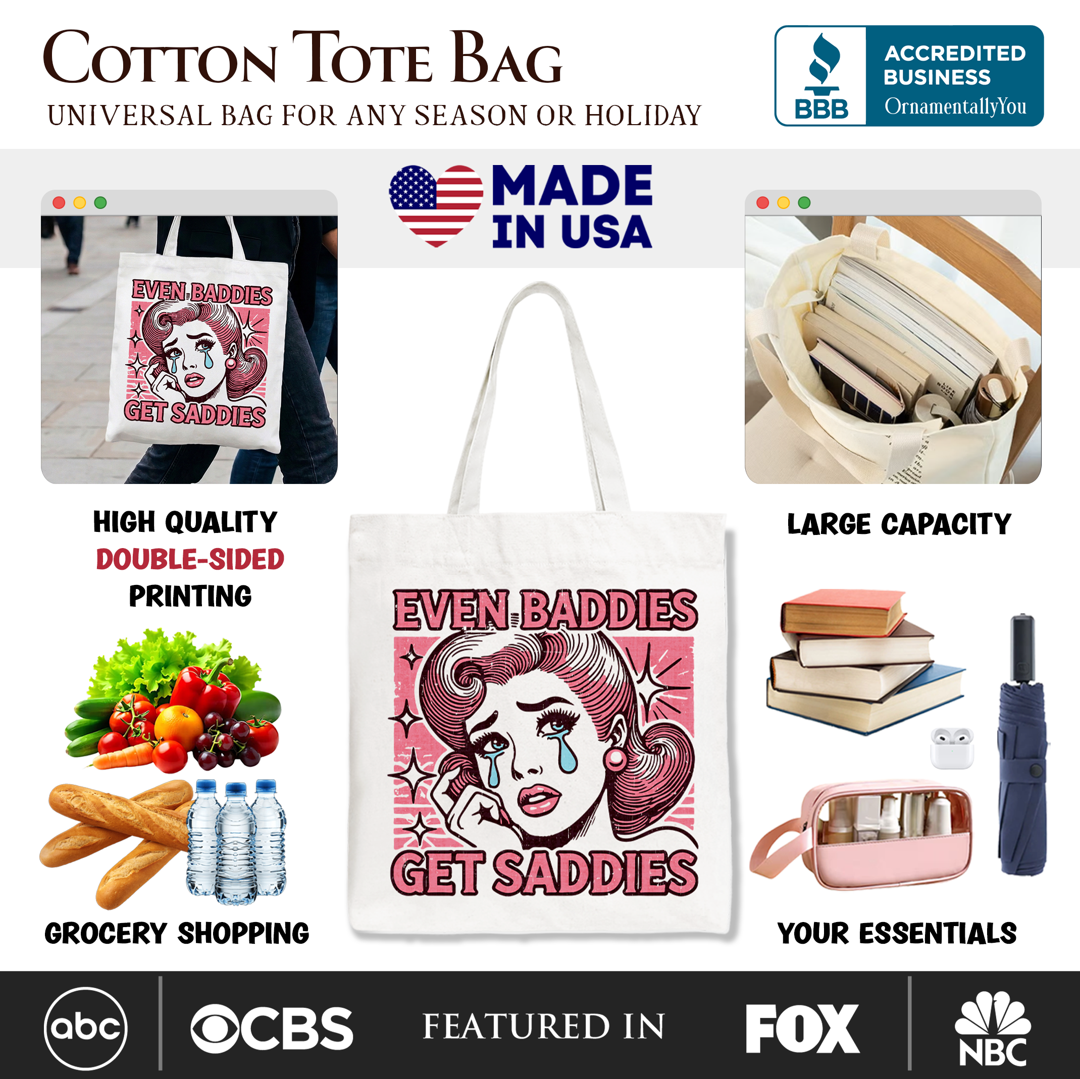 White tote bag featuring retro crying girl pop art design by OrnamentallyYou, stylish and emotional accessory for women.