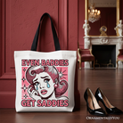 White tote bag featuring retro crying girl pop art design, stylish and emotional accessory for women by OrnamentallyYou.