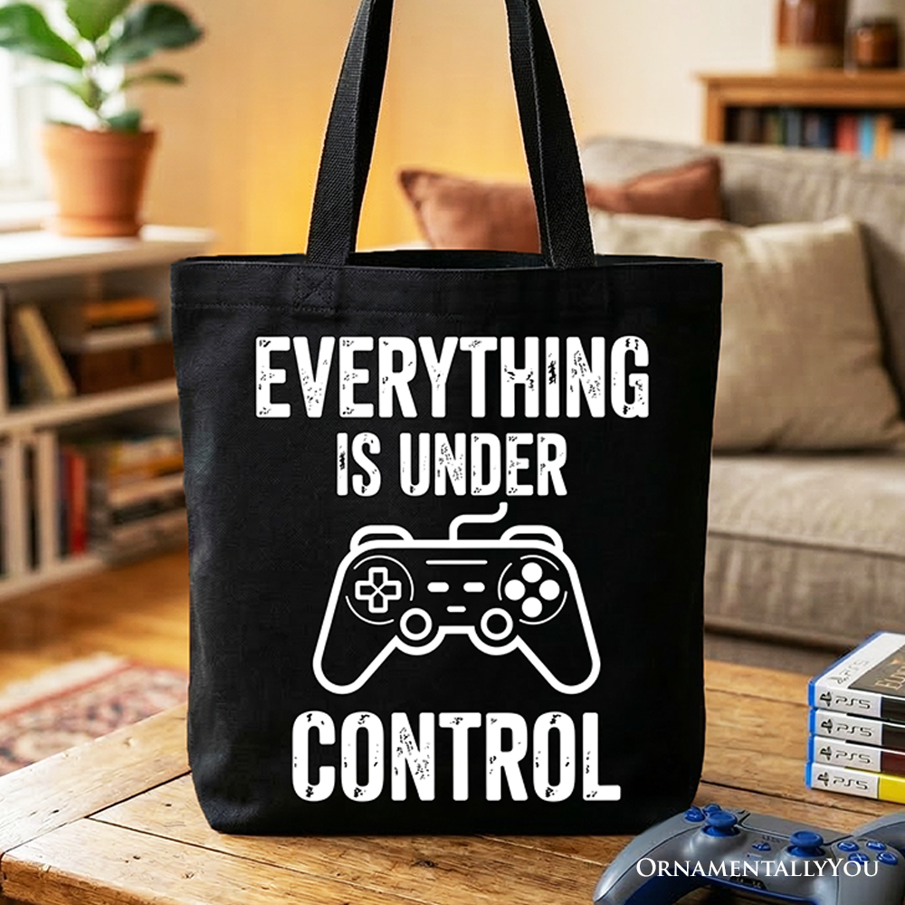 White Gamer Tote Bag by OrnamentallyYou featuring a funny video game controller design for gamers and shoppers.