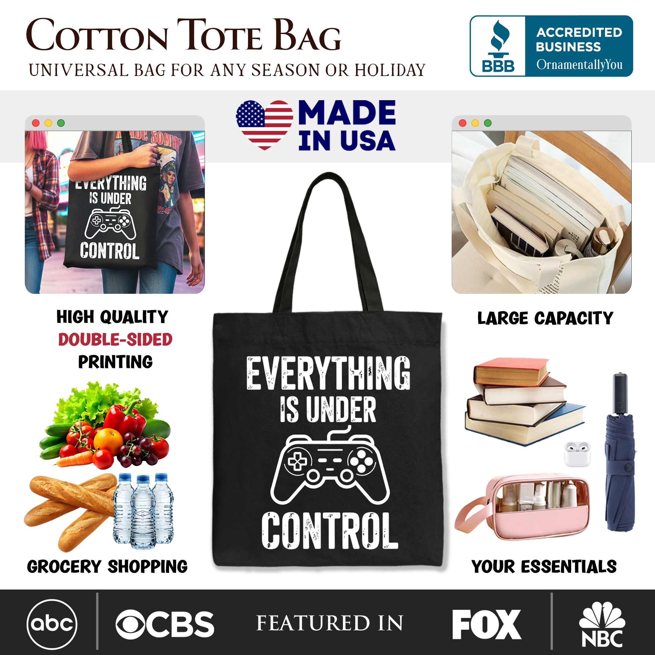 White gamer tote bag by OrnamentallyYou featuring a funny video game controller design, perfect for gamers and shoppers.
