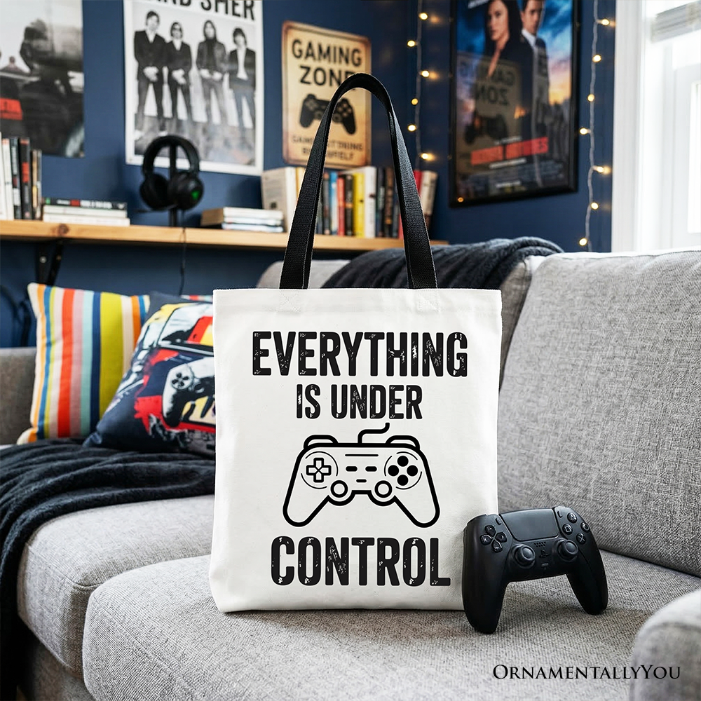 White Gamer Tote Bag by OrnamentallyYou featuring a funny video game controller graphic for gamers and gift shoppers.