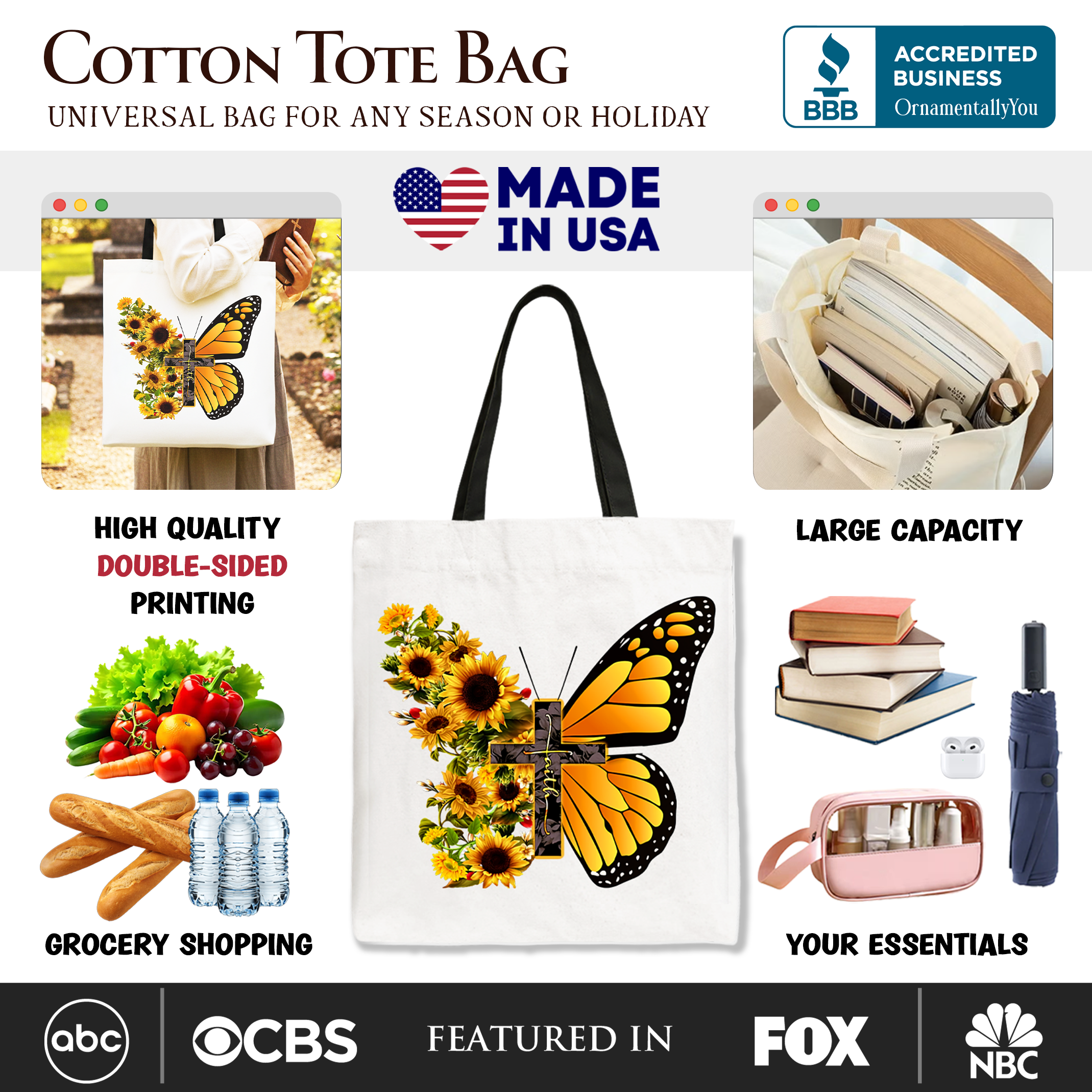 White tote bag featuring a faith cross, butterfly, sunflower floral design, perfect for Christian gift shopping by OrnamentallyYou.