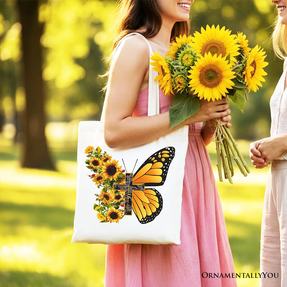 White Christian tote bag with faith cross, butterfly, sunflower floral design, durable shopper bag from OrnamentallyYou.