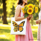 White Christian tote bag with faith cross, butterfly, sunflower floral design, durable shopper bag from OrnamentallyYou.