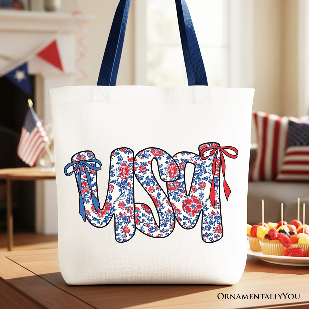White floral USA patriotic canvas tote bag by OrnamentallyYou, perfect for 4th of July shopping and stylish women.