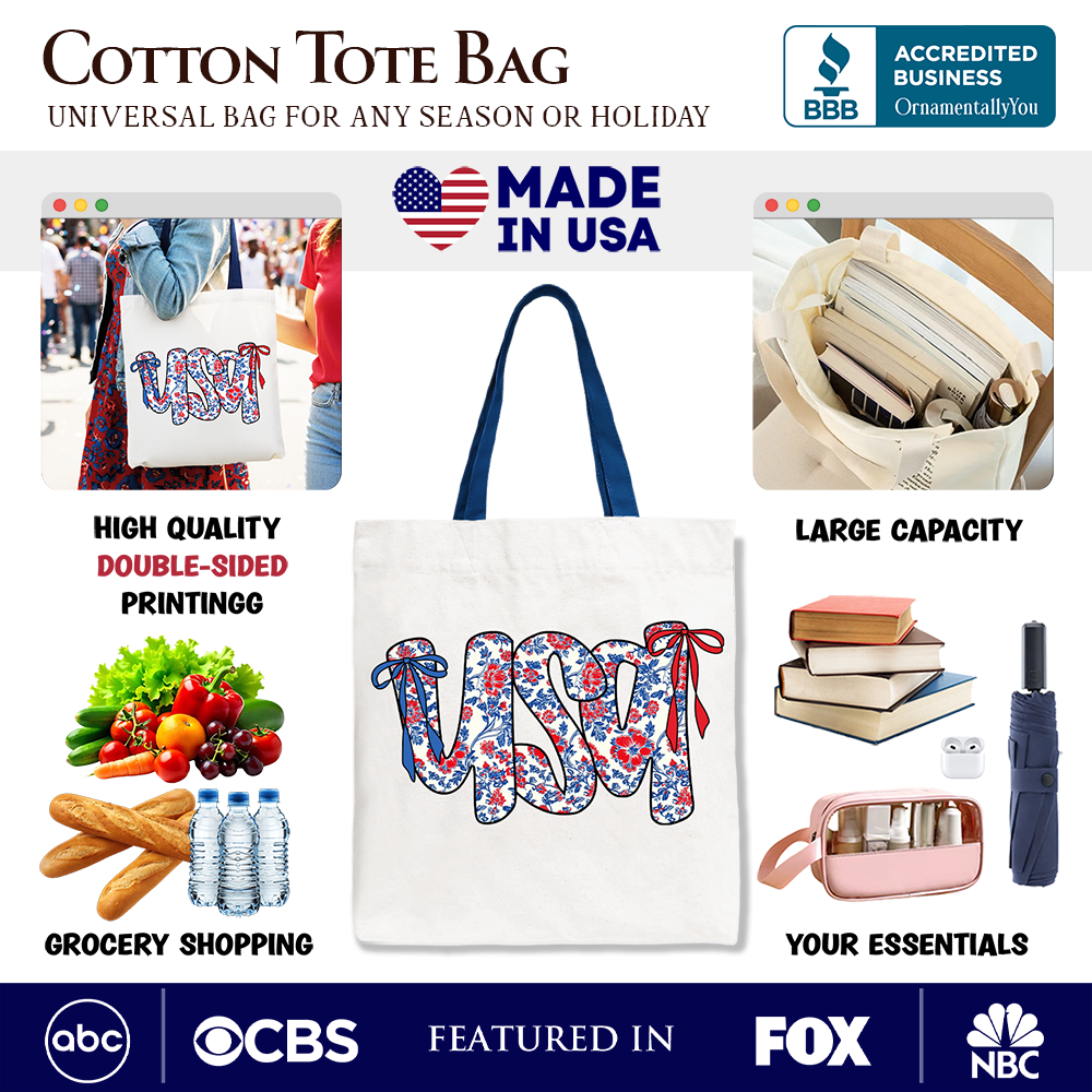 White floral USA patriotic canvas tote bag by OrnamentallyYou, perfect for 4th of July shopping and stylish women.