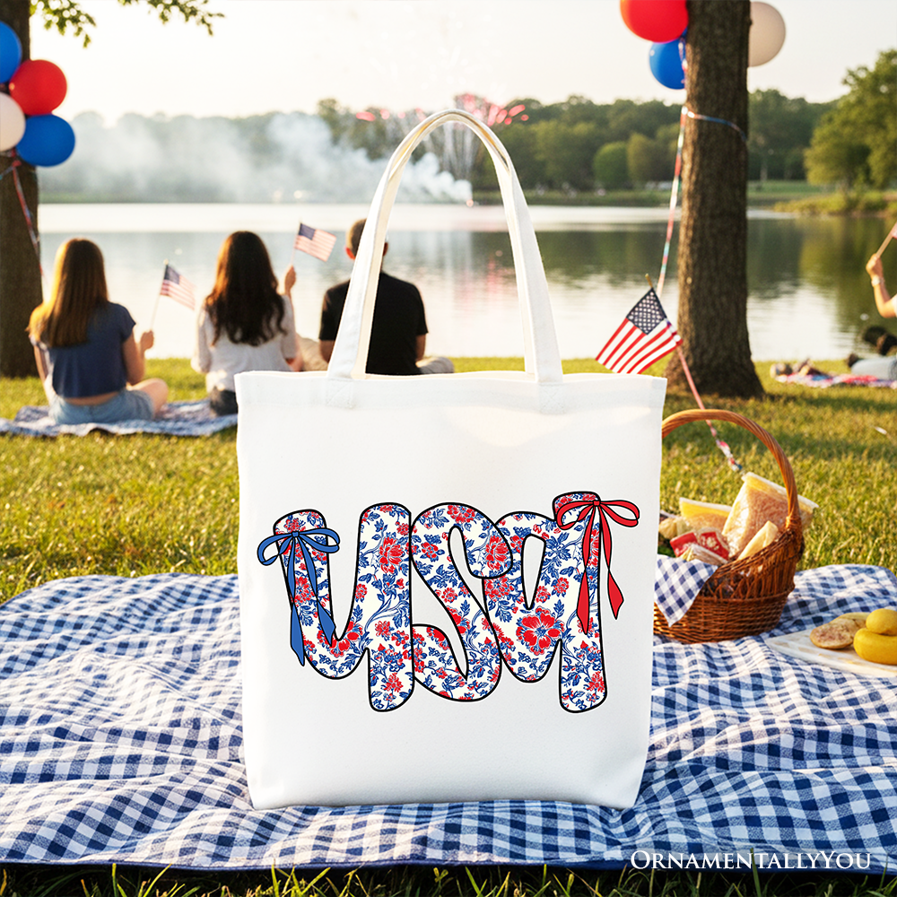 White floral USA patriotic canvas tote bag by OrnamentallyYou, ideal for 4th of July gift shopping and stylish women.