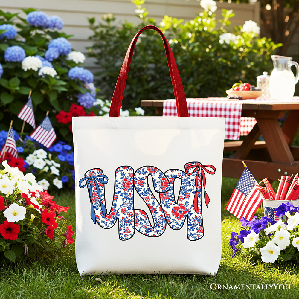 White floral USA patriotic canvas tote bag by OrnamentallyYou, perfect for 4th of July shopping and stylish women.