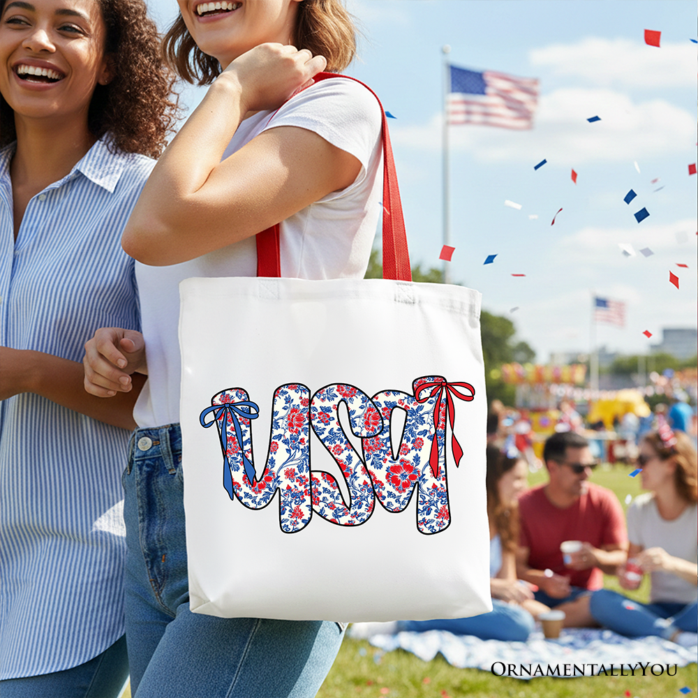White floral USA patriotic canvas tote bag by OrnamentallyYou, perfect for 4th of July shopping and stylish women.