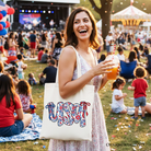 White floral USA patriotic canvas tote bag by OrnamentallyYou, perfect for 4th of July gift shopping and stylish women.