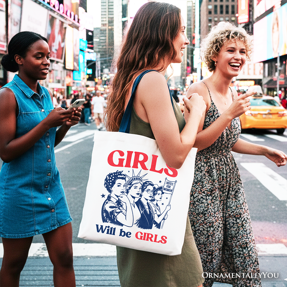 White Girls Will Be Girls patriotic tote bag with 4th of July vintage feminist design, perfect for summer celebrations and shopping.