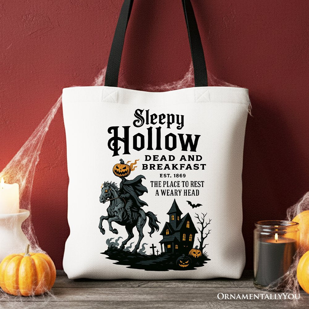 White tote bag featuring Headless Horseman and Sleepy Hollow Halloween design, crafted by OrnamentallyYou.