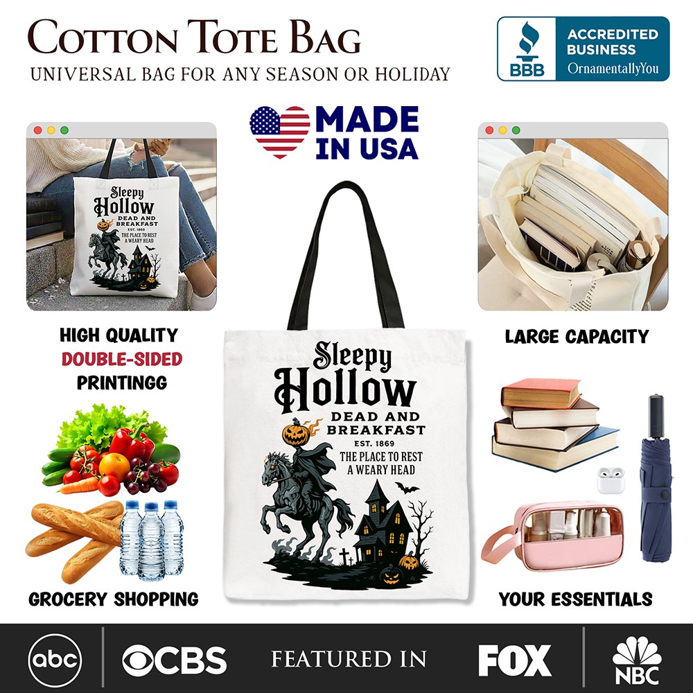 White canvas tote bag featuring a Headless Horseman Sleepy Hollow Halloween design, perfect for spooky seasonal decor or gifts.