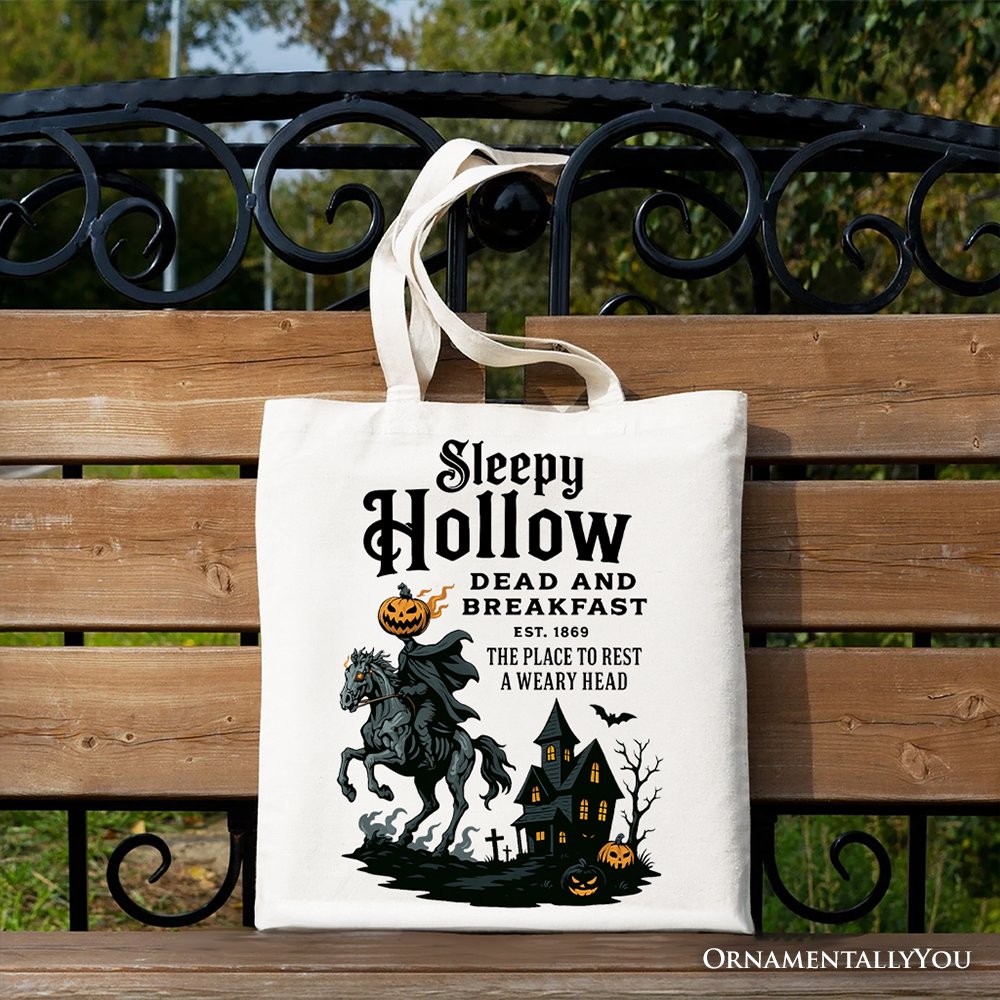 White canvas tote bag featuring Headless Horseman Sleepy Hollow Halloween design, perfect for spooky retro gift or costume accessory.