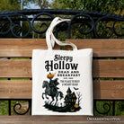 White canvas tote bag featuring Headless Horseman Sleepy Hollow Halloween design, perfect for spooky retro gift or costume accessory.