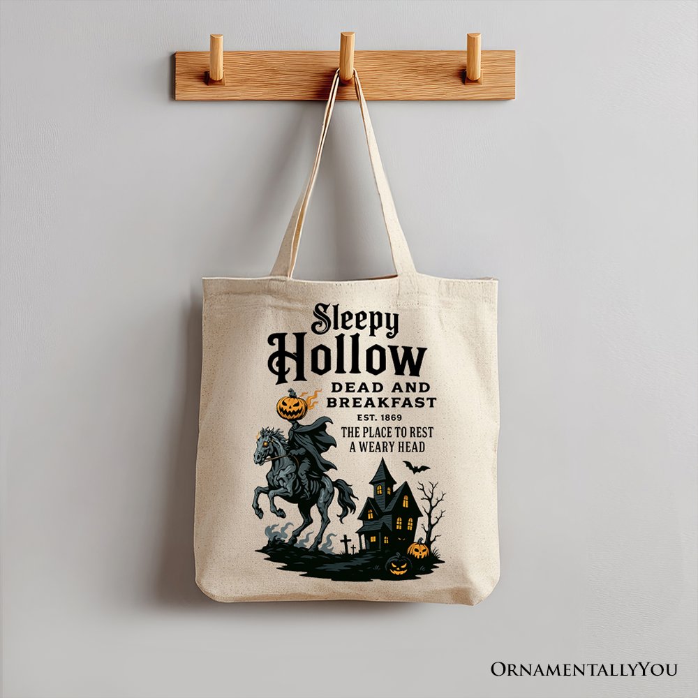 White canvas tote bag featuring Headless Horseman Sleepy Hollow Halloween design, perfect for spooky seasonal accessories.