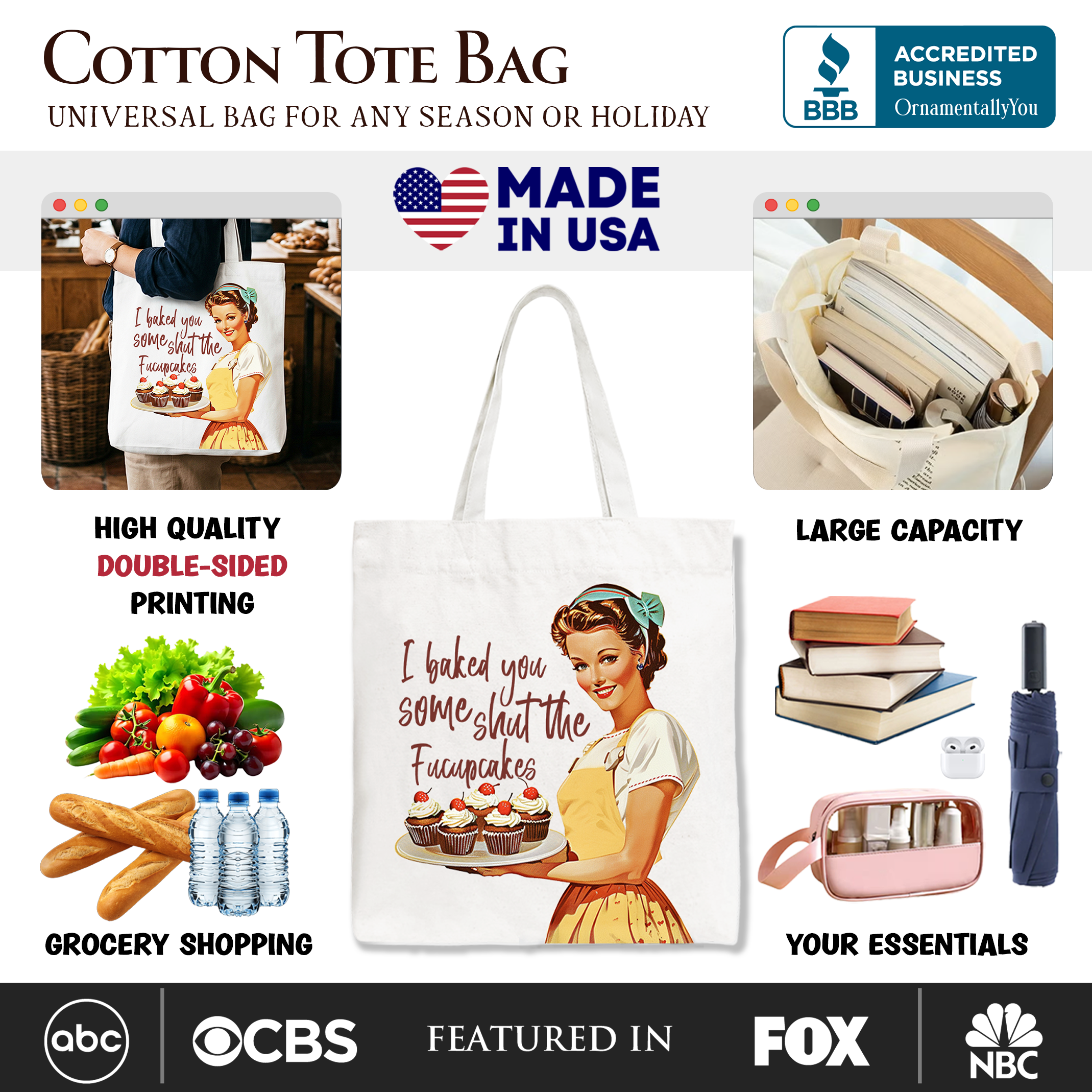 White tote bag with humorous "I Baked You Some Shut The Fucupcakes" design, perfect for quirky bakers and retro kitchen gift.
