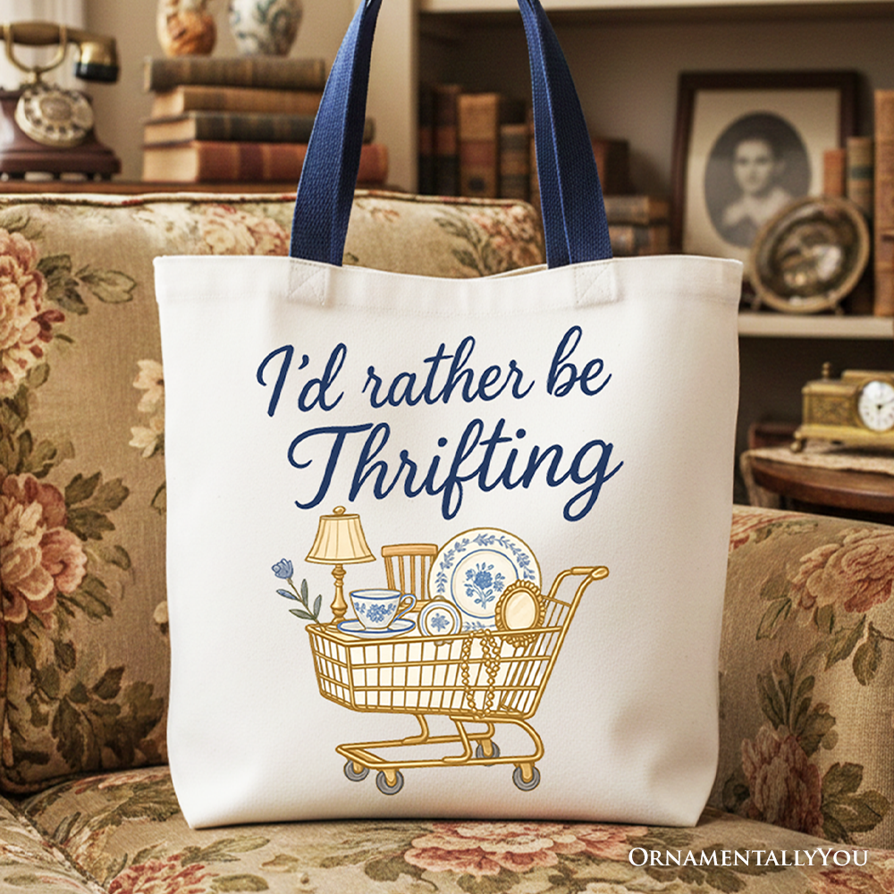 White canvas tote bag with "I’d Rather Be Thrifting" text, perfect for vintage thrift shop lovers and shoppers.