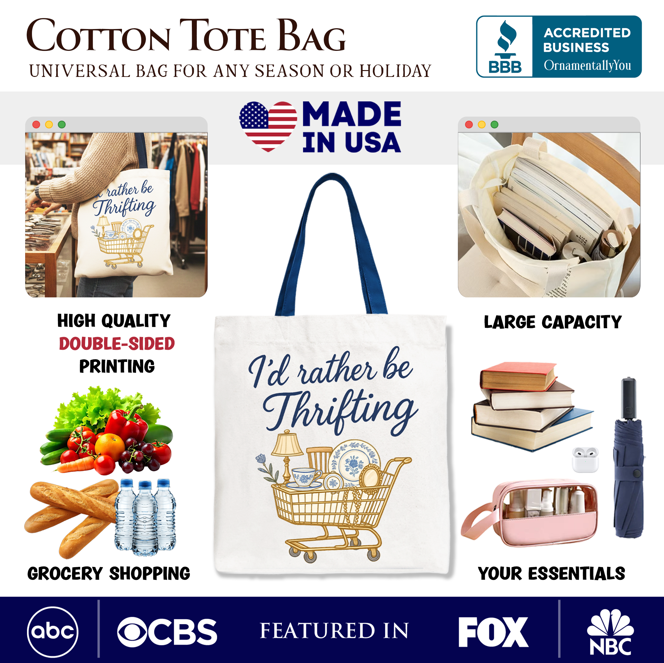 White canvas tote bag with "I’d Rather Be Thrifting" text, perfect for vintage thrift shop lovers and shoppers.