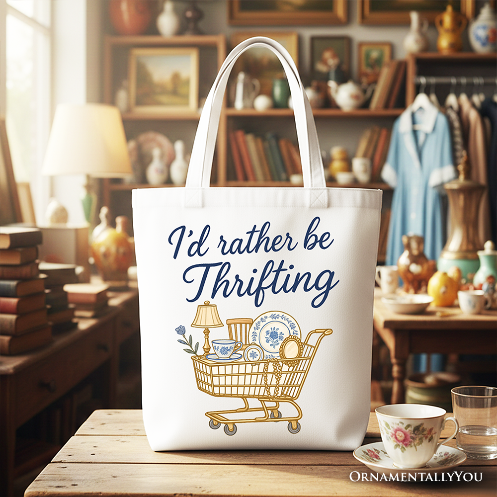 White Canvas Tote Bag by OrnamentallyYou with "I’d Rather Be Thrifting" print, perfect for vintage thrift shop lovers and shoppers.