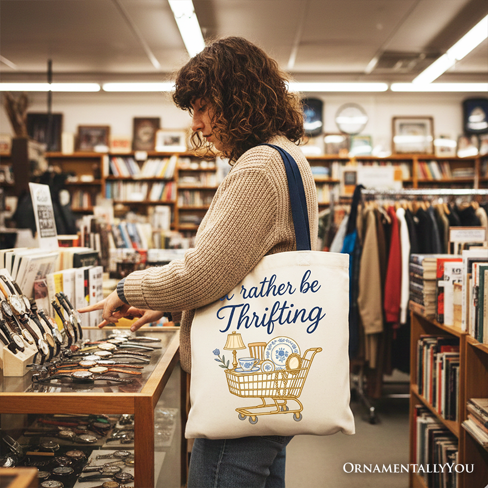 White canvas tote bag with "I’d Rather Be Thrifting" design, perfect for vintage thrift shop lovers and shoppers.