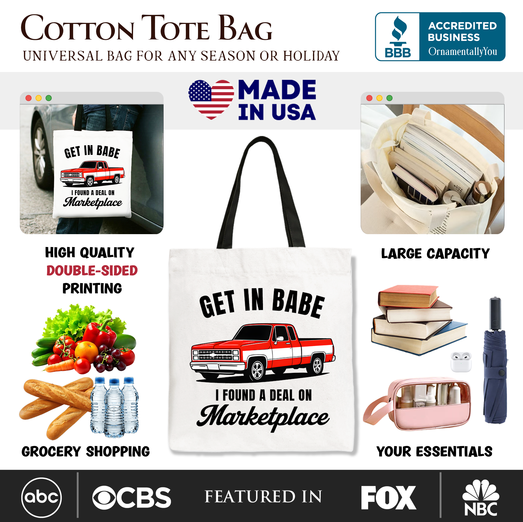 White tote bag by OrnamentallyYou featuring a humorous red truck design for marketplace shopping and gift-giving.