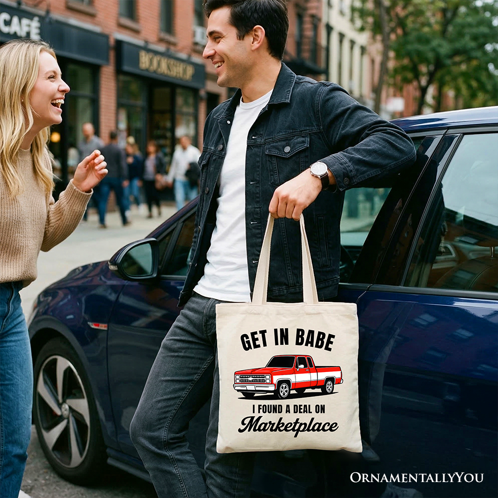 White tote bag by OrnamentallyYou featuring a humorous red truck design and "I Found A Deal On Marketplace" text.