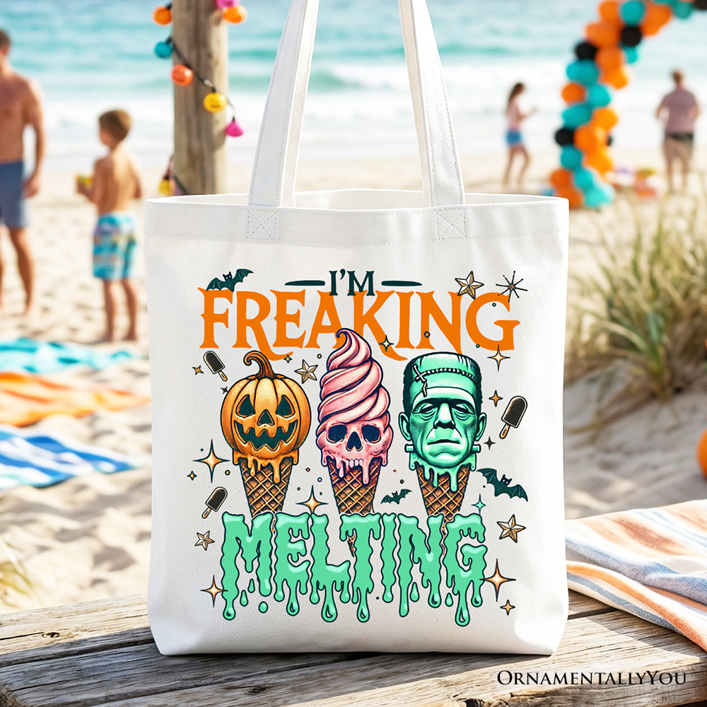 White tote bag featuring a funny melting Frankenstein design, perfect for Halloween or summer shopping and spooky season.