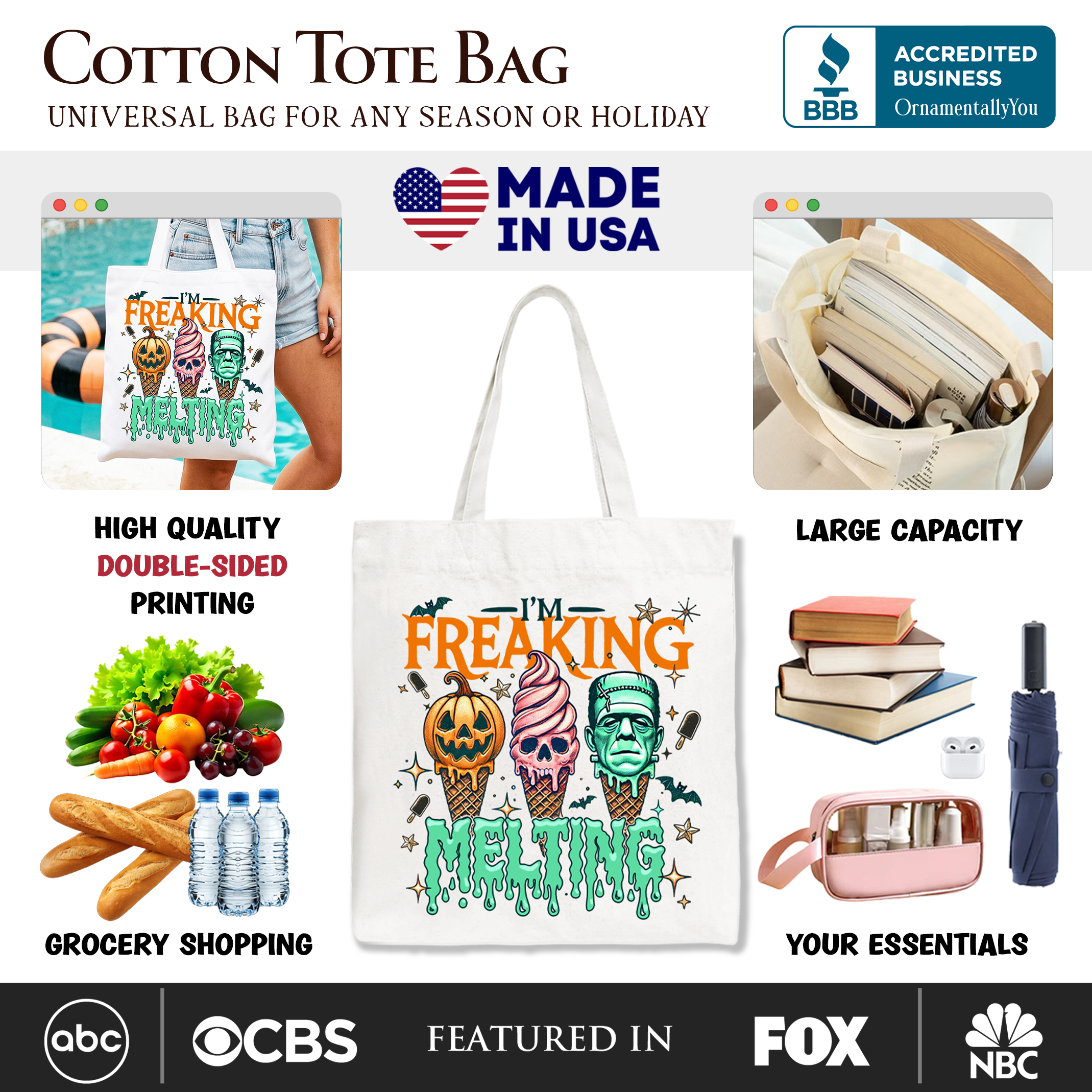 White Frankenstein tote bag featuring a melting design, with humorous ice cream and Halloween-themed graphics for summer and spooky season.