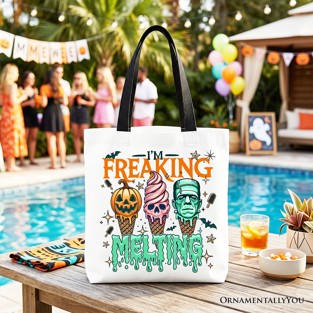 White tote bag featuring a melting Frankenstein design by OrnamentallyYou, perfect for Halloween or summer shopping.