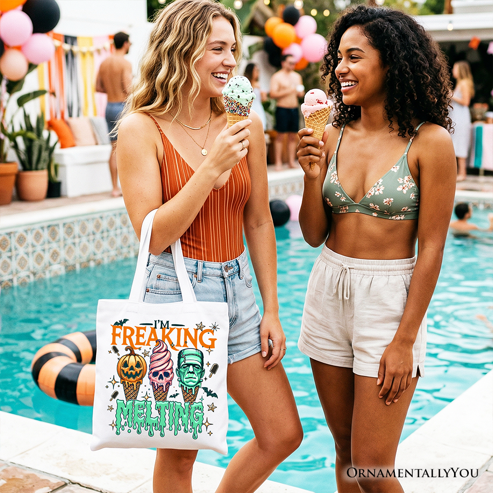 White Frankenstein tote bag by OrnamentallyYou featuring a melting Frankenstein design, perfect for Halloween and summer shopping.