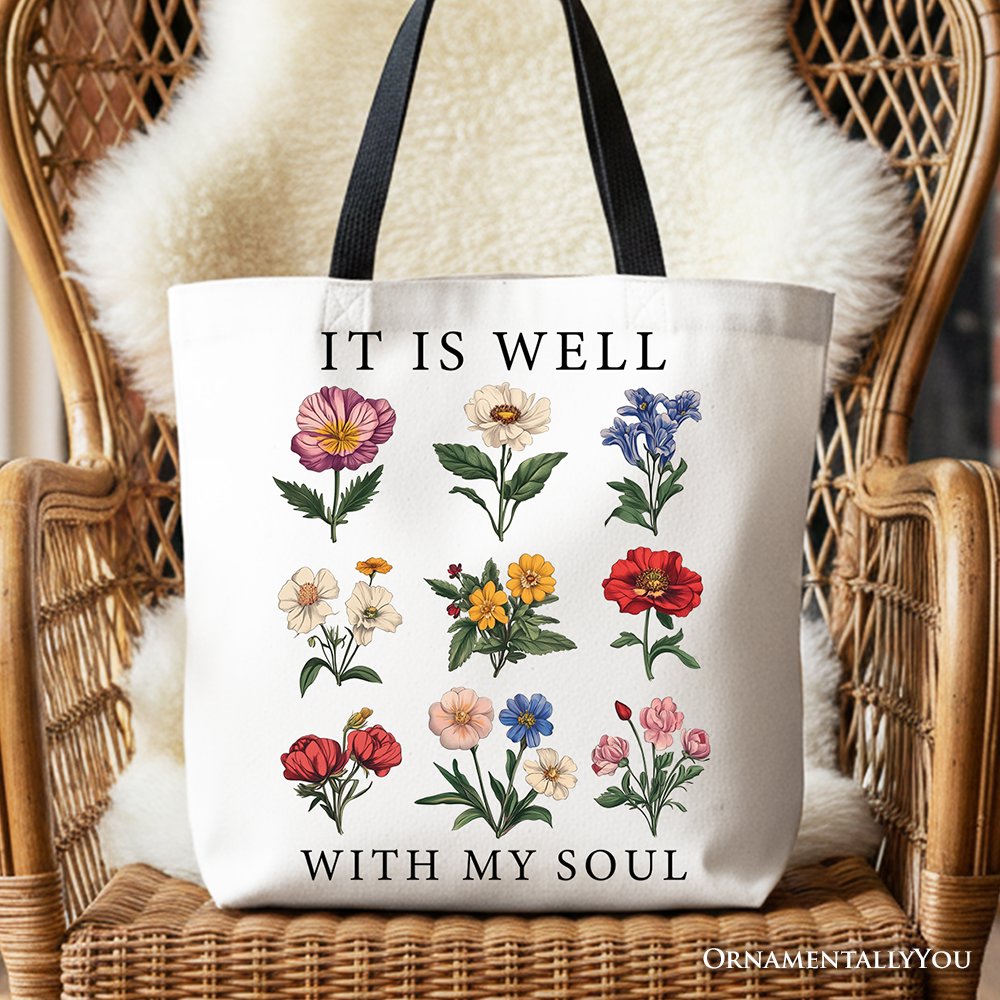 White Christian floral canvas tote bag with "It Is Well With My Soul" Bible verse design by OrnamentallyYou.