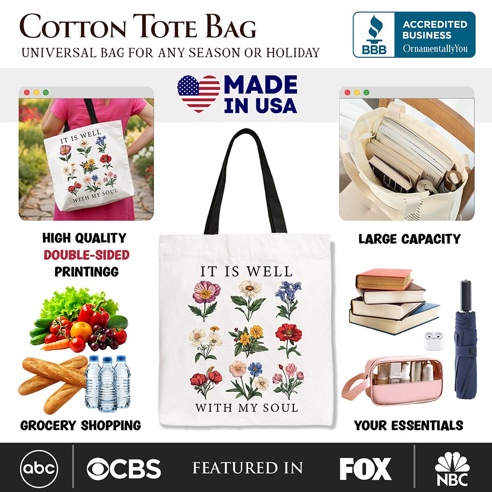 White Christian floral canvas tote bag by OrnamentallyYou with "It Is Well With My Soul" Bible verse design.