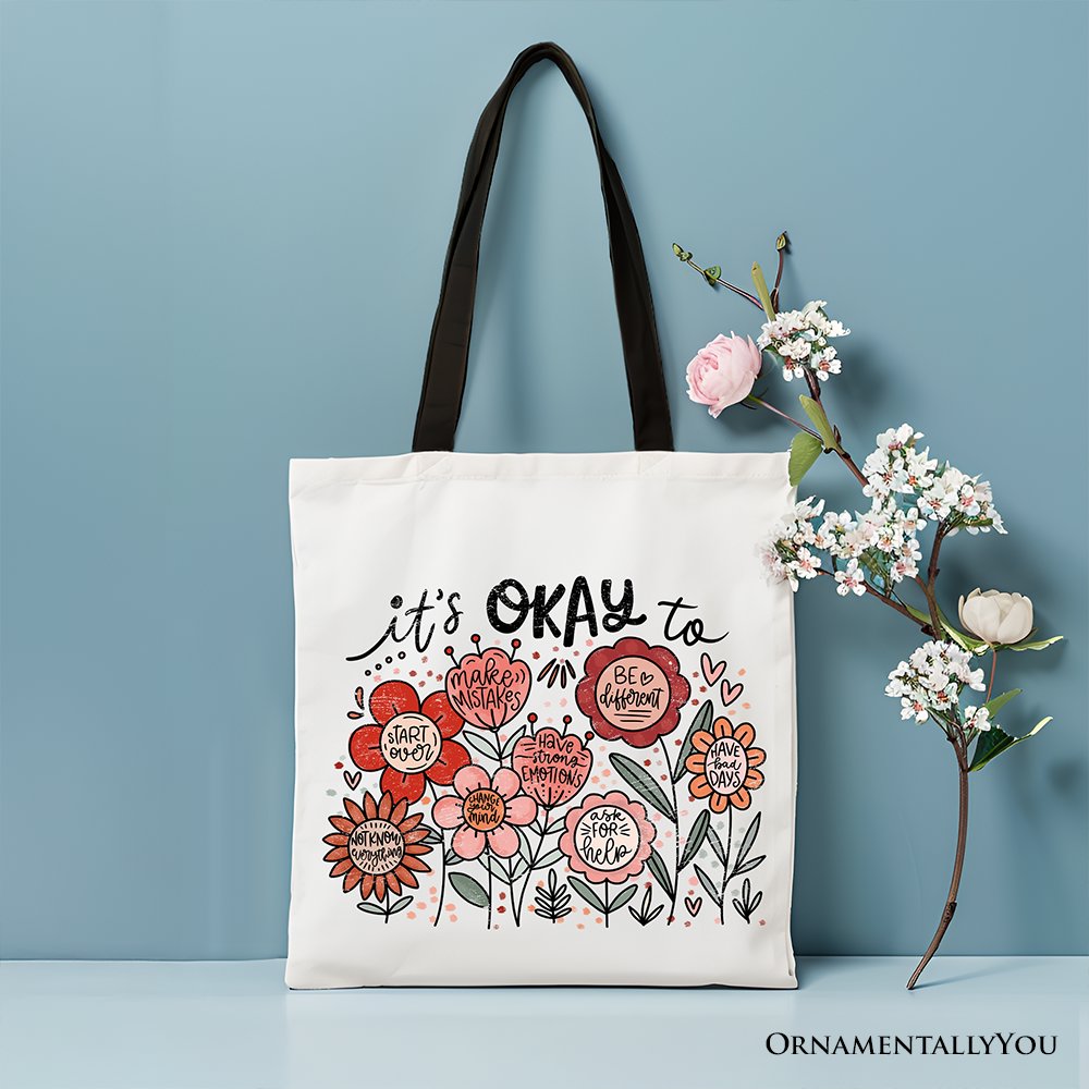 White canvas tote bag featuring floral affirmation design by OrnamentallyYou, perfect for inspiring and motivational women.