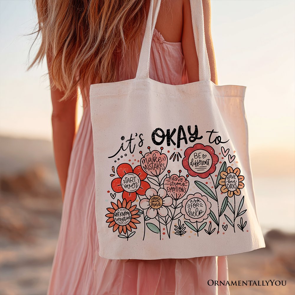 White canvas tote bag featuring floral affirmation design, ideal for inspiring women and boho motivational gift ideas.