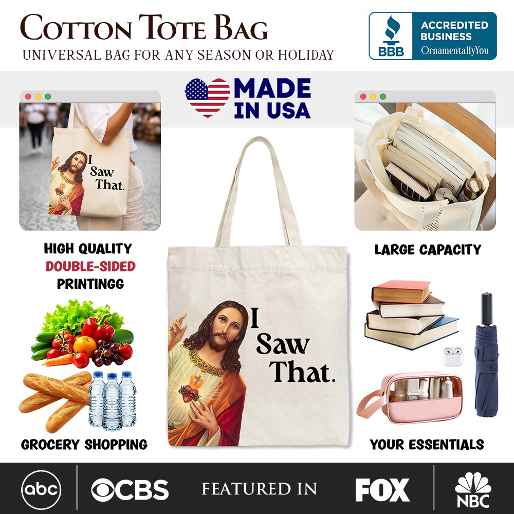 White canvas tote bag featuring whimsical Jesus I Saw That design, perfect for Christian shoppers and gift-giving.