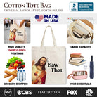 White canvas tote bag featuring whimsical Jesus I Saw That design, perfect for Christian shoppers and gift-giving.