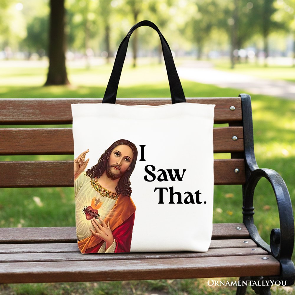 White canvas tote bag with whimsical Jesus I Saw That design, perfect Christian gift shopper by OrnamentallyYou.