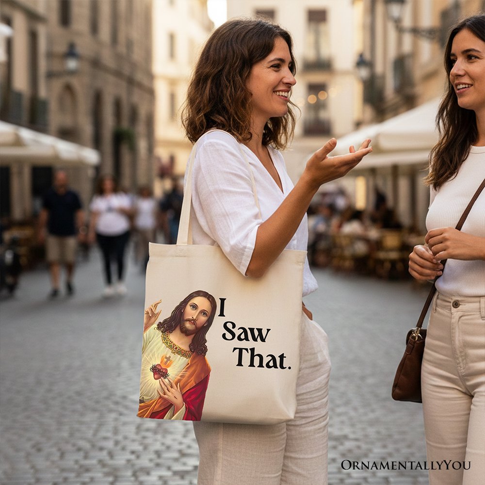 White canvas tote bag with whimsical Jesus I Saw That design, perfect for Christians, by OrnamentallyYou.