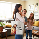 White canvas tote bag with whimsical Jesus I Saw That design, perfect Christian gift shopper from OrnamentallyYou.