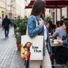 Whimsical white canvas tote bag featuring Jesus I Saw That design, perfect Christian gift shopper by OrnamentallyYou.