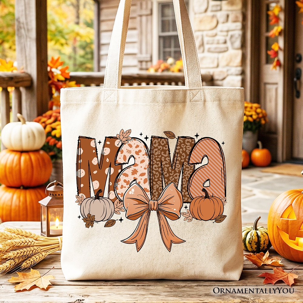 White Mama Coquette Autumn Tote Bag by OrnamentallyYou featuring cozy fall pumpkin designs, perfect for mothers.