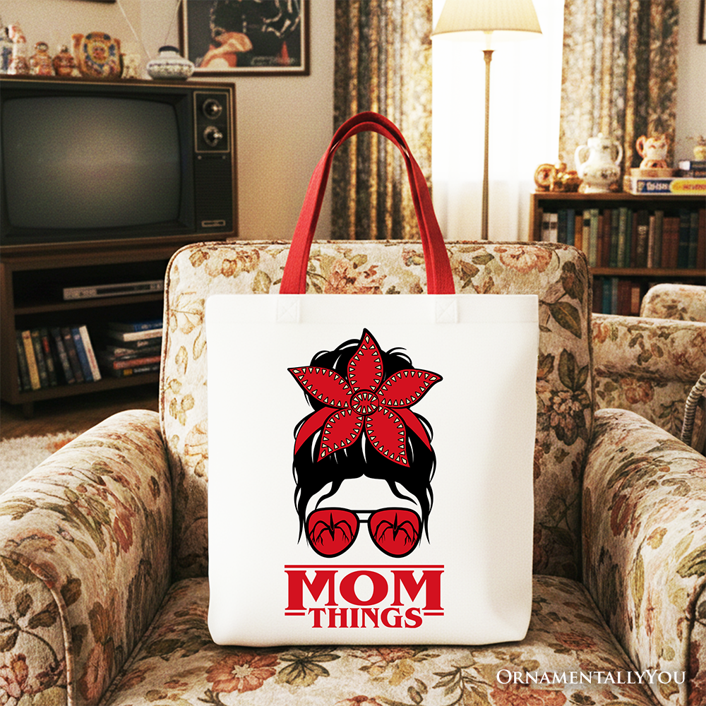 OrnamentallyYou Mom Things messy bun retro canvas tote bag with red bandana glasses design, ideal for family matching gift shopping.