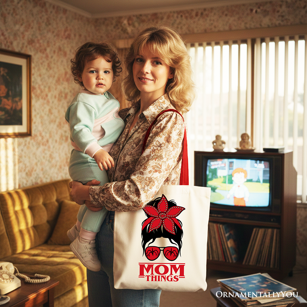 White canvas tote bag with "Mom Things" print, retro style, red bandana glasses design, perfect for family matching gifts.