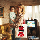 White canvas tote bag with "Mom Things" print, retro style, red bandana glasses design, perfect for family matching gifts.