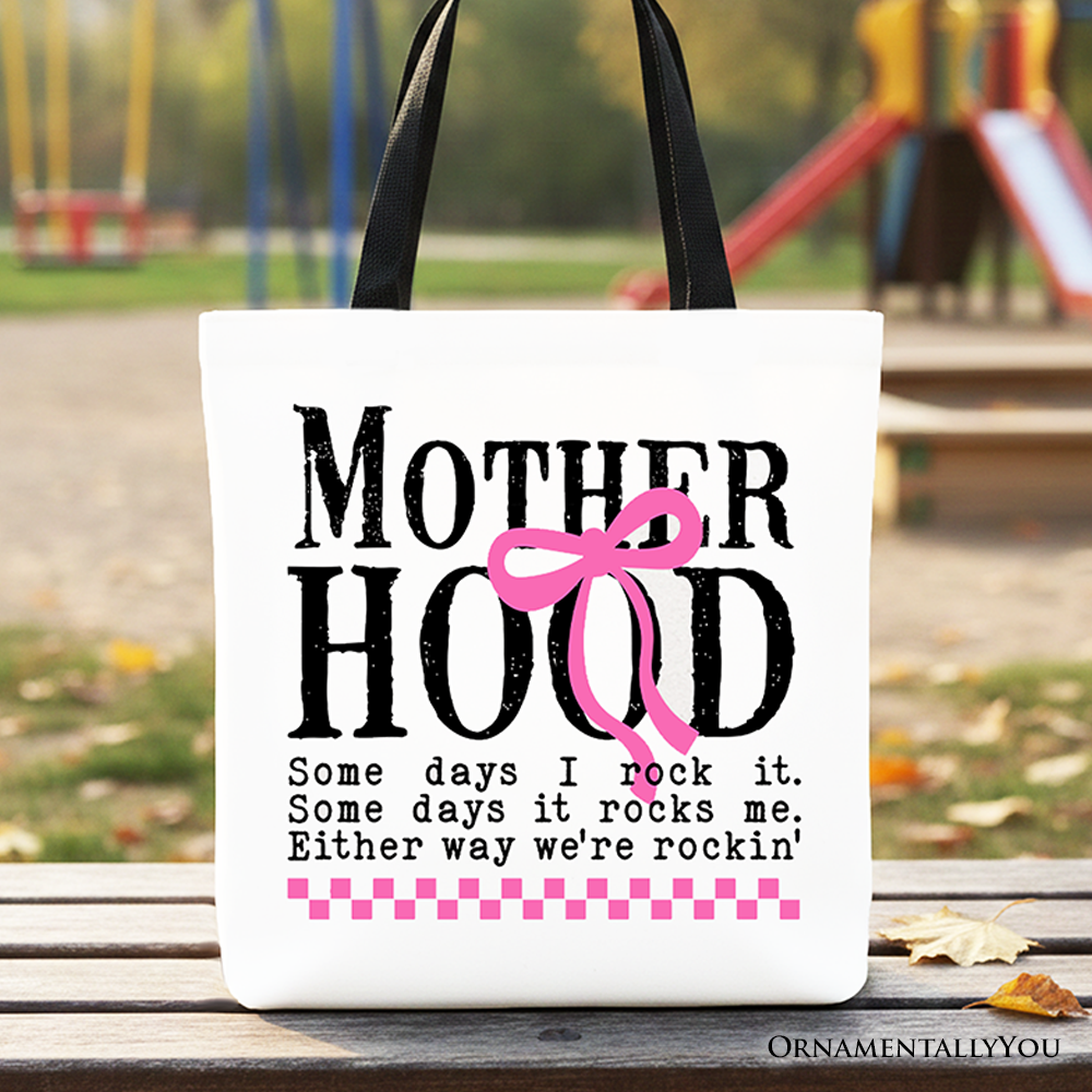 Motherhood Coquette pink bow tote bag by OrnamentallyYou with retro checkered design, ideal as a stylish gift shopper.