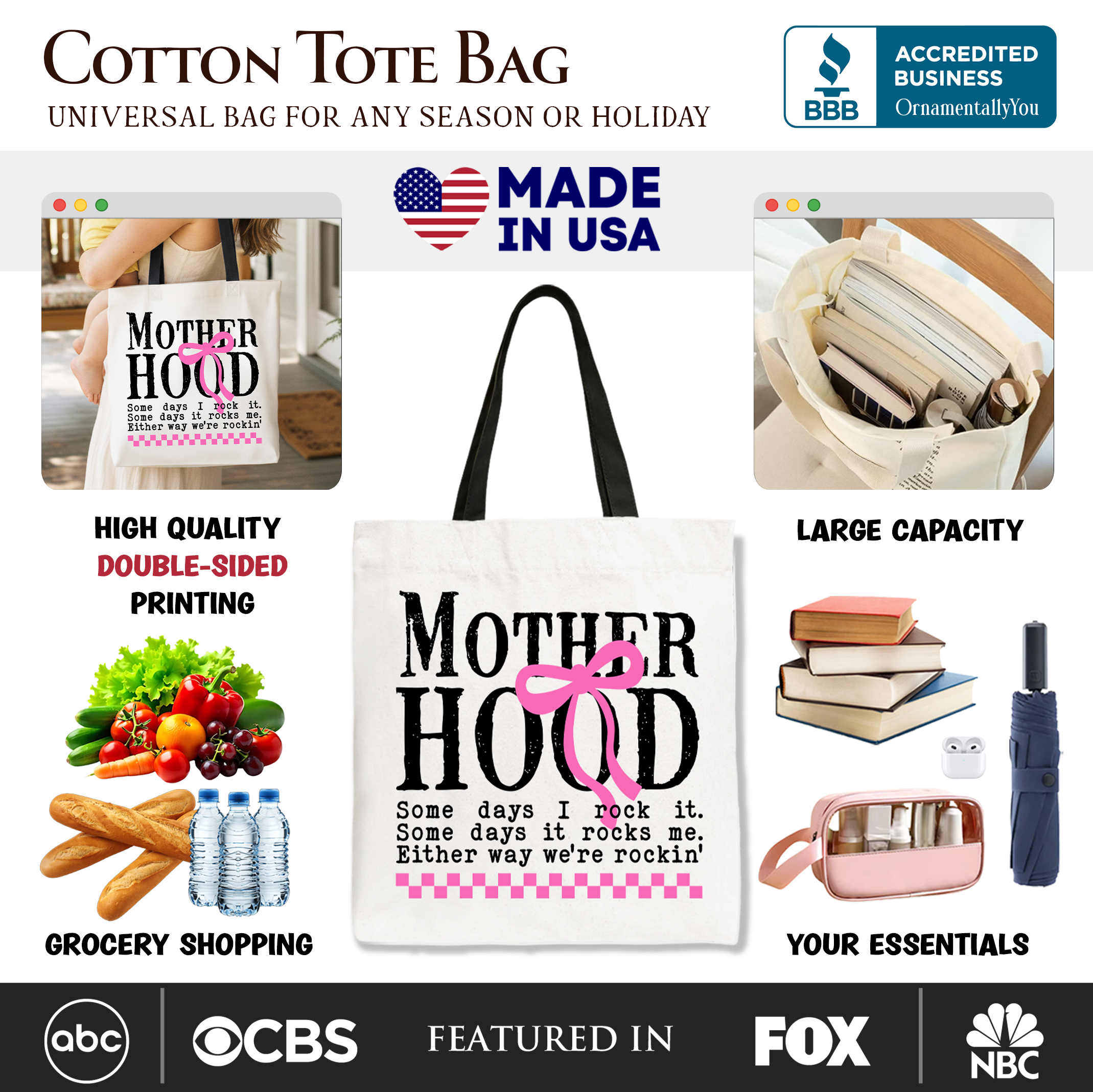 OrnamentallyYou Motherhood Coquette pink bow tote bag with retro checkered pattern, stylish gift shopper for everyday use.