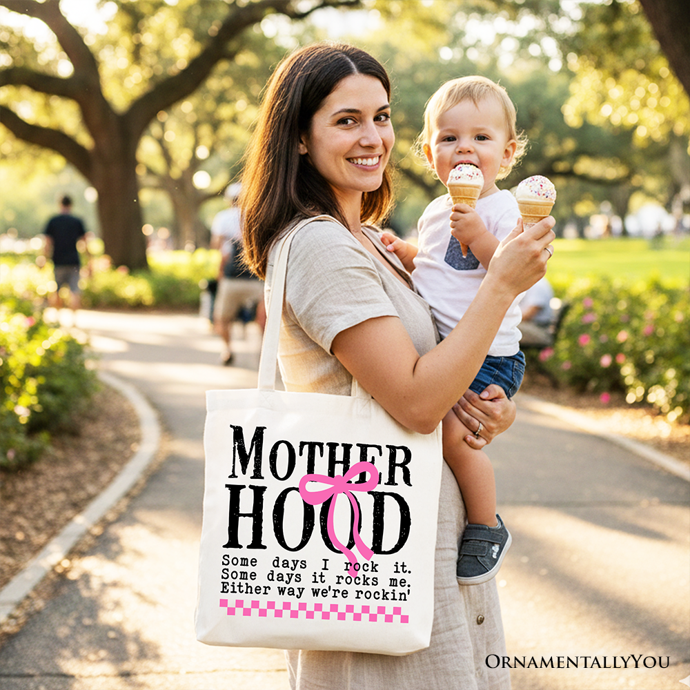 OrnamentallyYou Motherhood Coquette pink bow tote bag with retro checkered pattern and spacious design for shopping or gifting.