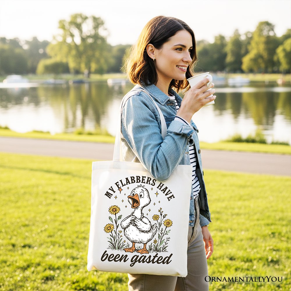 White tote bag by OrnamentallyYou featuring humorous "My Flabbers Have Been Gasted Goose" design, ideal for gift shopping or everyday use.