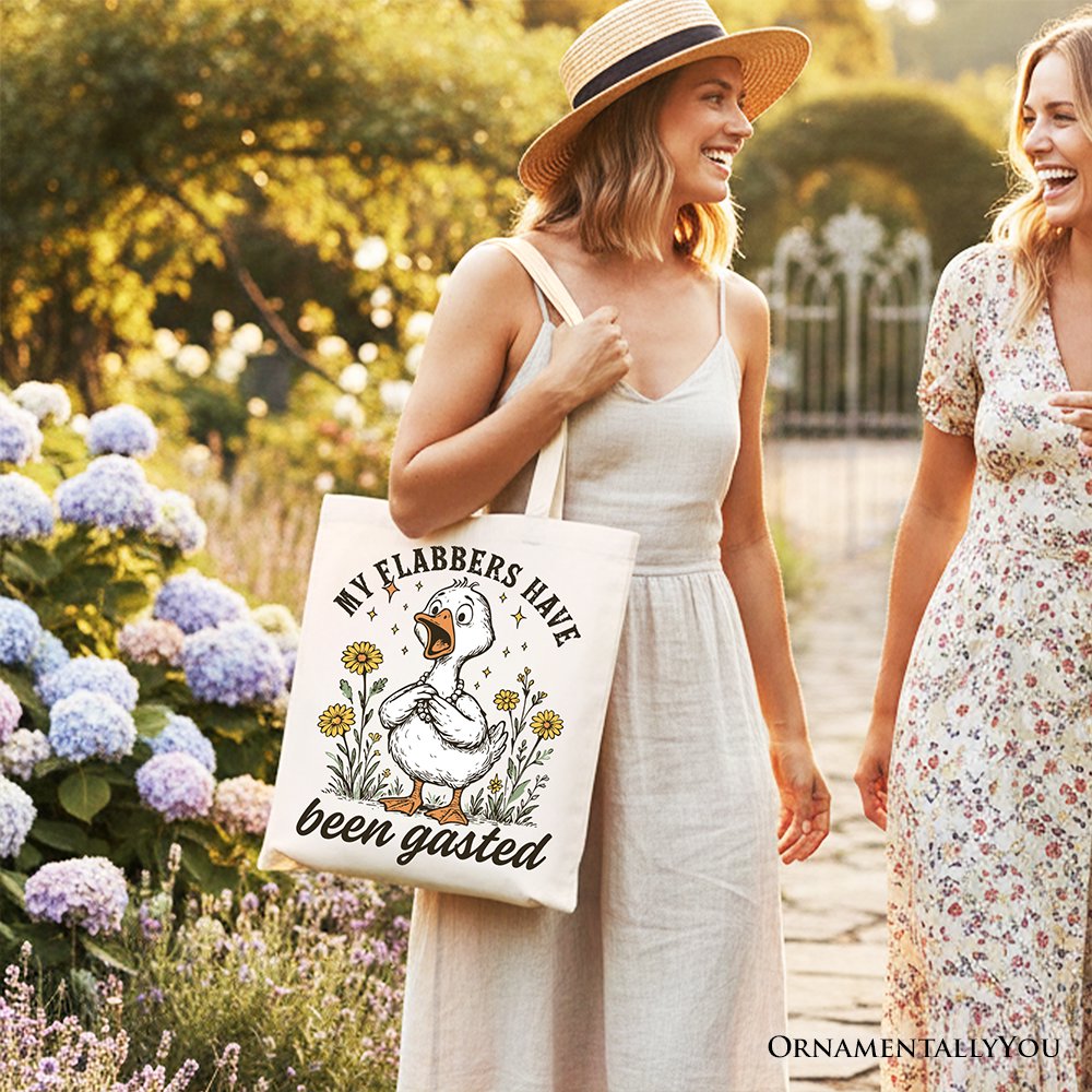 White tote bag with humorous "My Flabbers Have Been Gasted" goose design, perfect for women’s gift shopping from OrnamentallyYou.